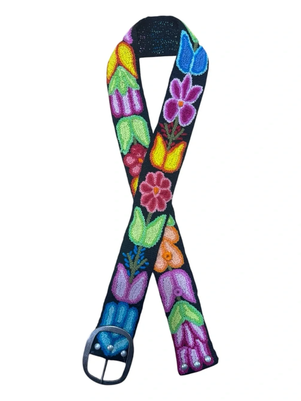 PERUVIAN Belt Wool Embroidered Floral  Black with Multicolor Flowers - 41 inch